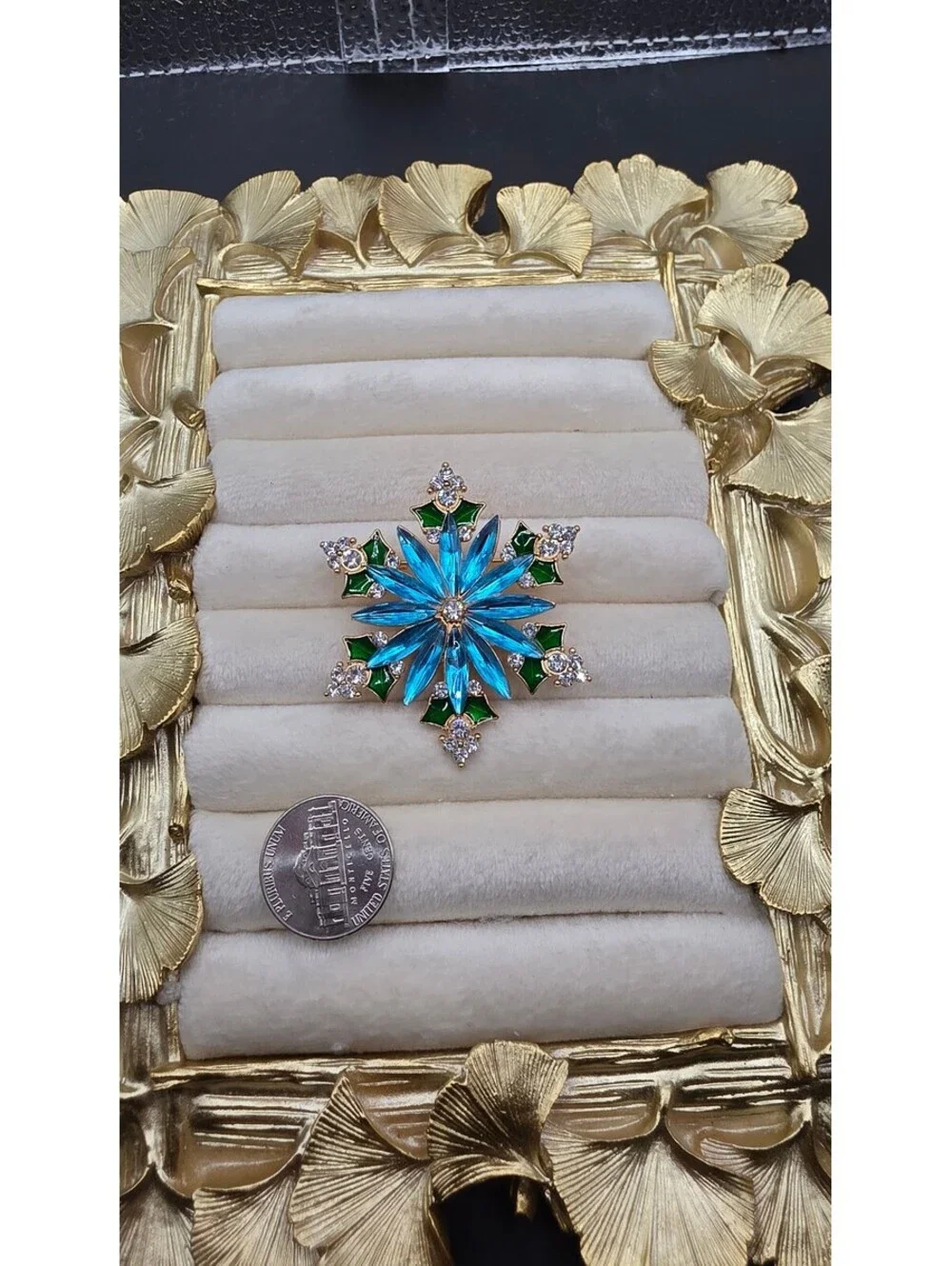 14k Gold Plated Blue Rhinestone Snowflake Brooch